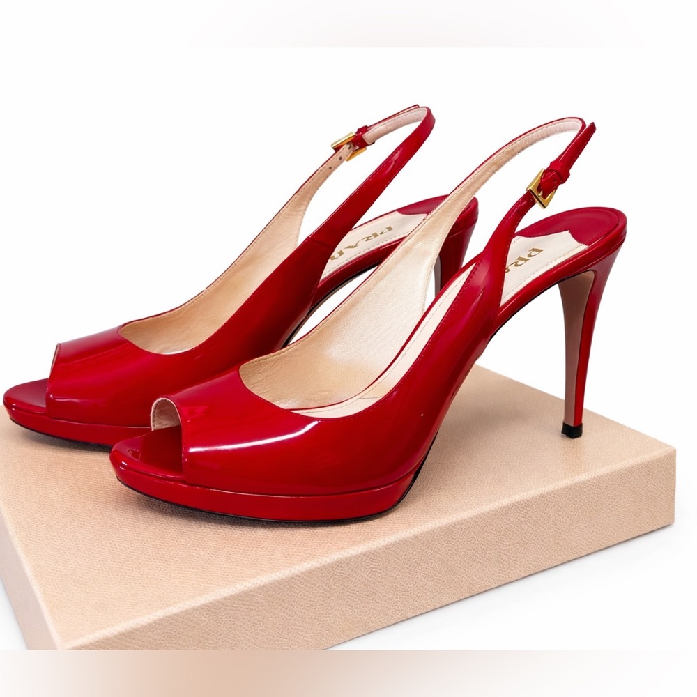 Prada Red Patent Slingback Heels Peep Toe Stiletto EU 39
